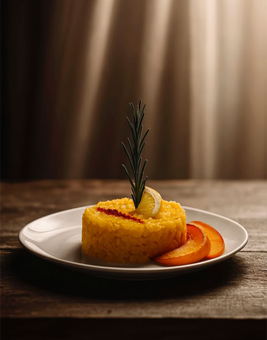 Risotto cremoso alle erbe con cialda di Parmigiano e foglia di prezzemolo, servito su piatto bianco in un ambiente caldo e naturale, con luce morbida da finestra e dettagli rustici in legno e tessuto.