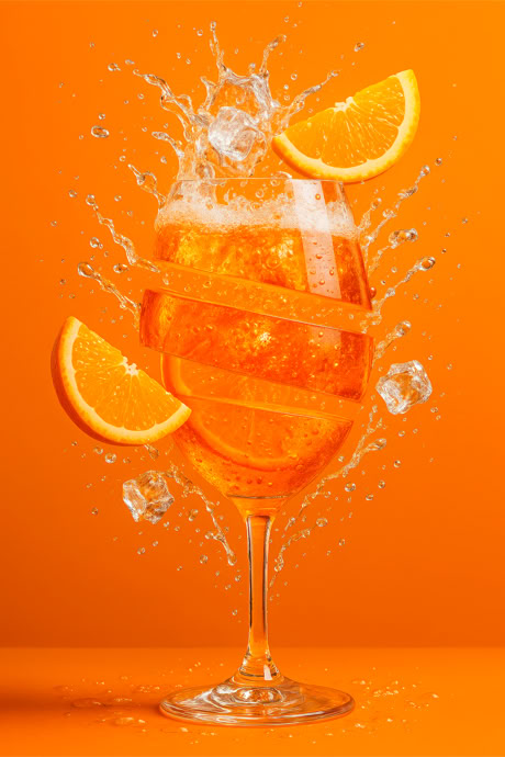Creative AI-generated image of a Spritz glass with floating ice cubes, designed for advertising and digital art projects by SCIA&sup2; PHOTOGRAPHER.