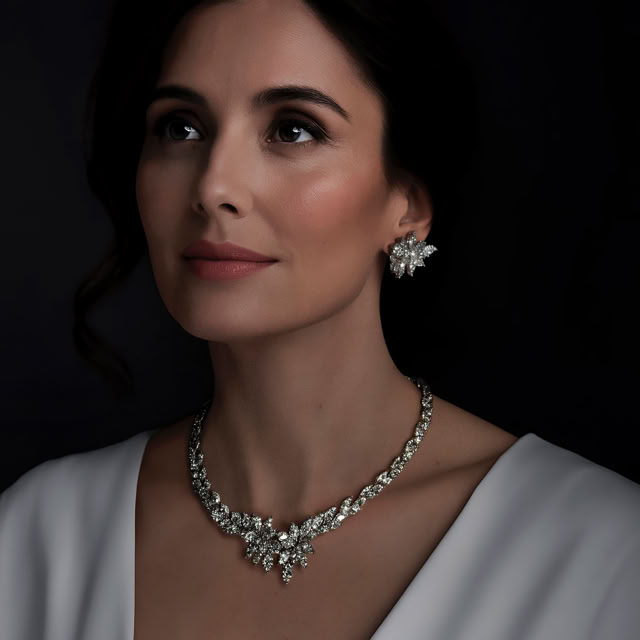 Modella AI con collana e orecchini Damiani in oro e diamanti, fotografia still life-ritratto per gioielleria professionale.