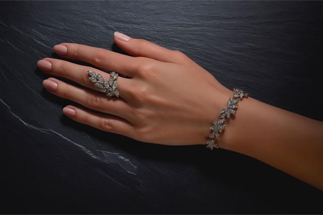 Modella AI con bracciale a anello Damiani in oro e diamanti, fotografia still life-ritratto per gioielleria professionale.