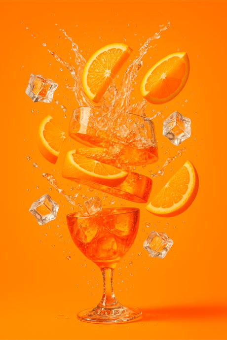 Creative AI-generated image of a Spritz glass with floating ice cubes, designed for advertising and digital art projects by SCIA&sup2; PHOTOGRAPHER.
